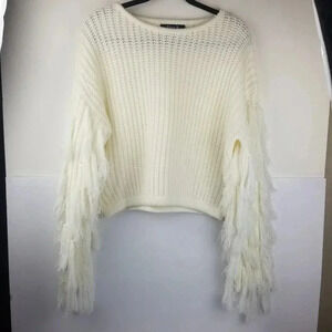 Blue B Collection Off-White Crop Women's Sweater with Fringe Sleeves Sz M/L